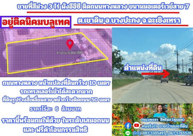 ขายที่สีม่วง 3 ไร่ ผังอีอีซี รถเทรลเลอร์เข้าได้ ต.เขาดิน อ.บางปะกง จ.ฉะเชิงเทรา