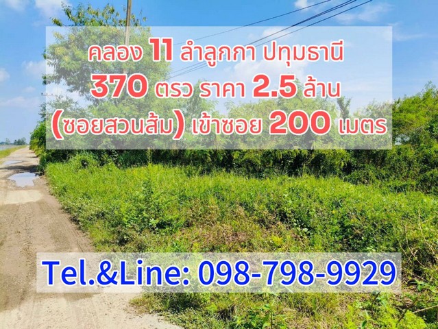 คลอง 11 ลำลูกกา ปทุมธานี  370 ตรว ราคา 2.5 ล้าน (ซอยสวนส้ม) เข้าซอย 200 เมตร 